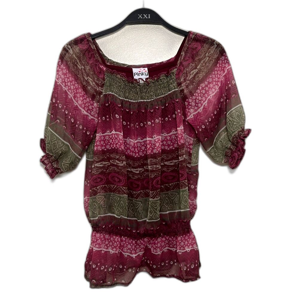 PINKY Y2K Sheer Lined Puff Sleeve Paisley Boho Cottage Frock Top, Maroon- M